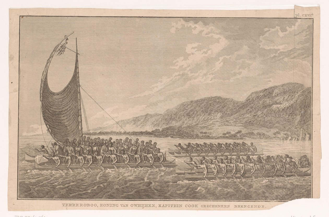 Hawaiianere og deres konge sejler i kanoer til James Cook for at bringe ham gaver Terreeoboo, konge af Owijhee, kaptajn Cook bringer gaver (titel på objektet) af Ignaz Sebastian Klauber (possibly)