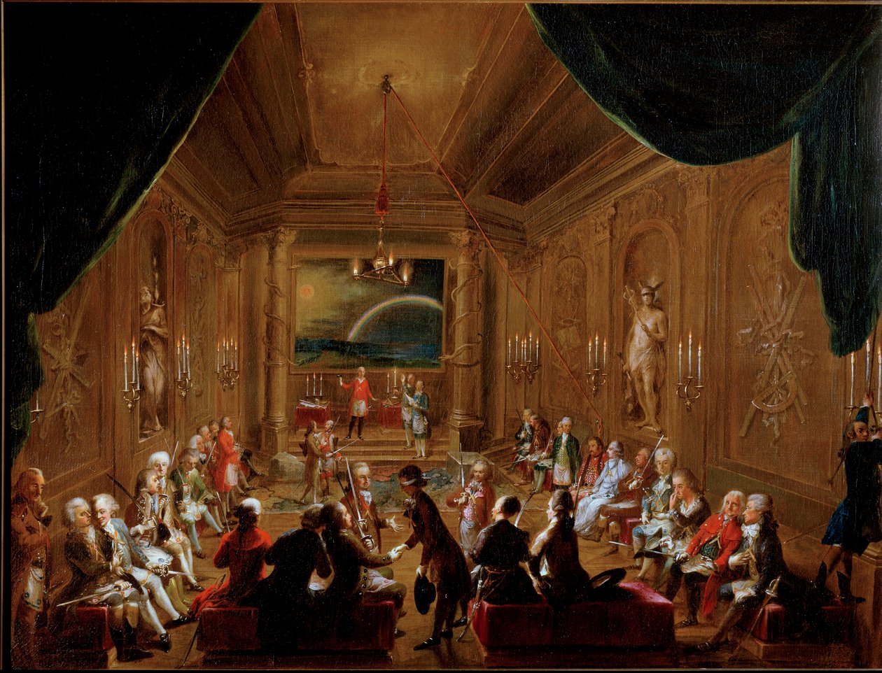 Genforening i Wien af ​​Maconic Lodge of the Crown Esperance (Reunion of Franc Macon, Zur gekronten Hoffnung) i 1790. Wolfgang Amadeus Mozart (1756-1791) sidder lige i forgrunden. Maleri af Ignaz Unterberger. Historisk museum for byen Wien Vie af Ignaz Unterberger