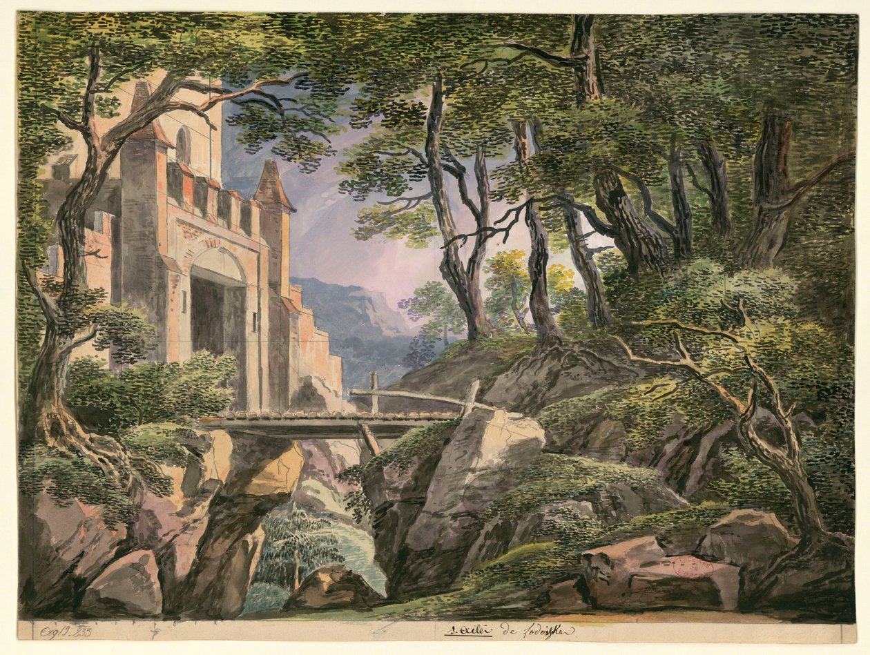 Skitse til indretningen af første akt, opera Lodoïska af Cherubini, første gang fremført på Théâtre Feydeau i Paris den 18. juli 1791 af Ignazio Degotti