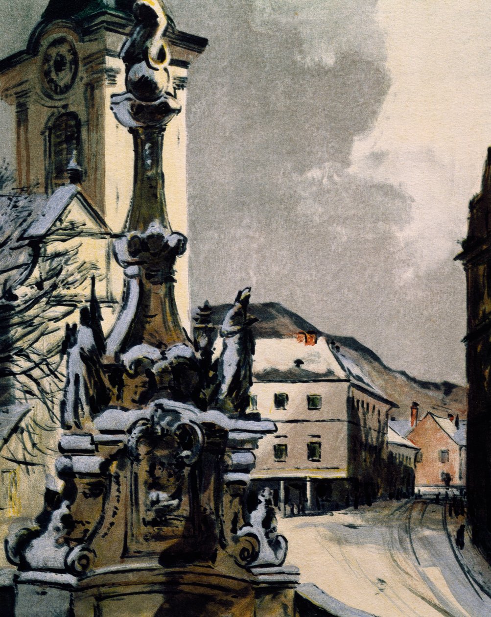 Udsigt over Hainburg an der Donau, Østrig, byen hvor Franz Joseph Haydn (1732-1809) studerede musik mellem 1738 og 1740, Trykt af Igo Potsch (1884-1943) for at fejre 100-året for musikerens død af Igo Potsch