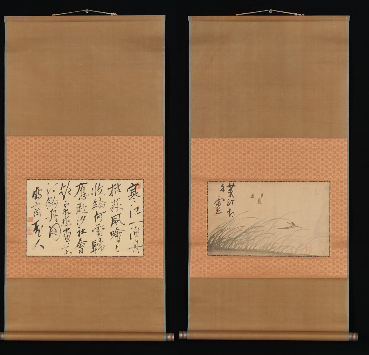 Fiskerbåd på sivdækket bred og kalligrafi, 1700-1900-tallet. af Ike no Taiga