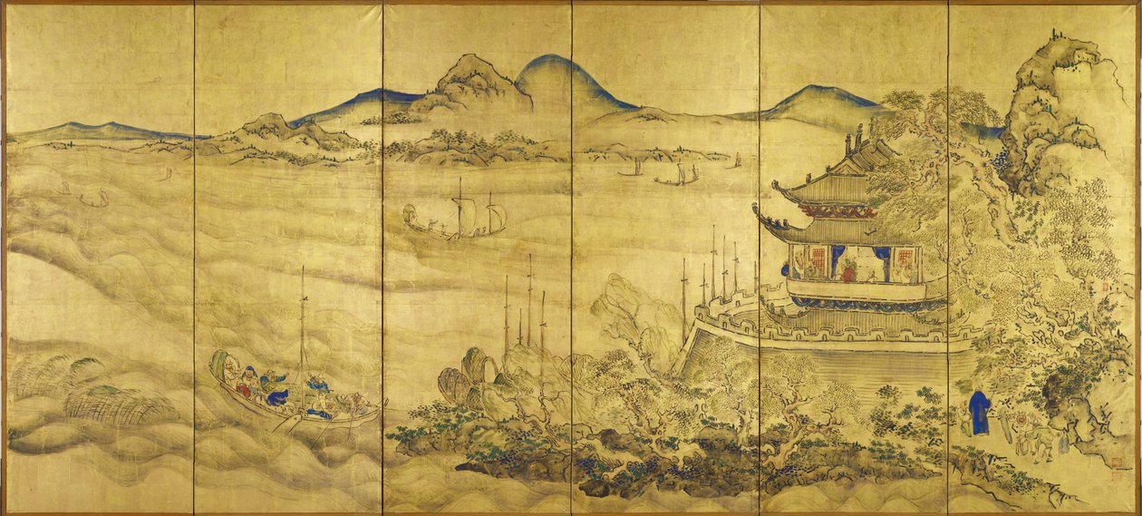 Landskab med tårn, ca. 1750 (guld, blæk og farve på papir) af Ike no Taiga