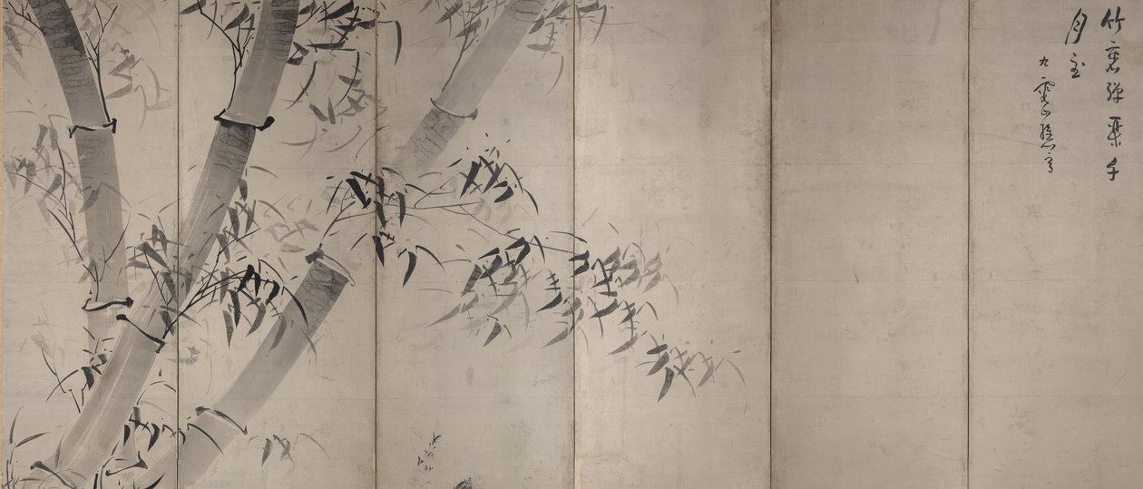 Moonlight Bamboo, foldeskærm med seks paneler, ca. 1758–60 (blæk på papir) af Ike no Taiga