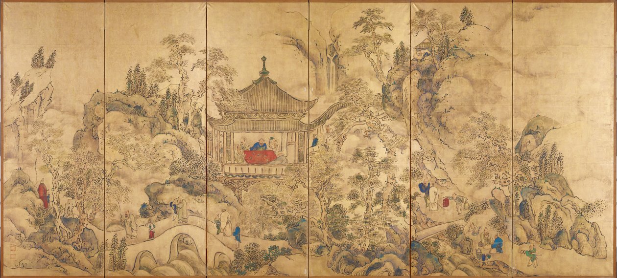 Landskab med en pavillon (Roukaku Sansui Zu, Landskab med tårn) - Venstre del af et par skærme med seks paneler af Ike no Taiga (1723-1776), akvarel og blæk på papir, ca. 1750 - 1700-tallets japansk kunst, orientalsk landskab - Tokyo National M af Ike no Taiga