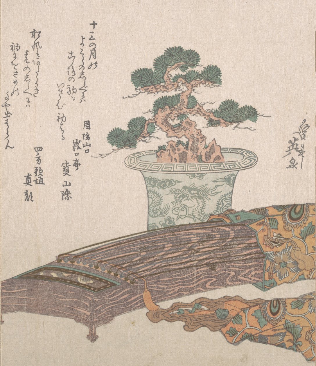 Potted Pine Tree og Koto Japanese Harpe, 1800-tallet. af Ikeda Eisen