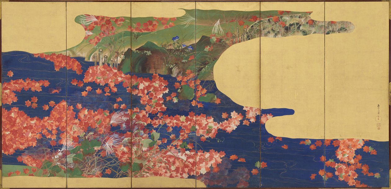 Ahornblade på en strøm, skærm med seks paneler, Edo-periode, 1856-58 (blæk og farve på forgyldt papir) af Ikeda Koson