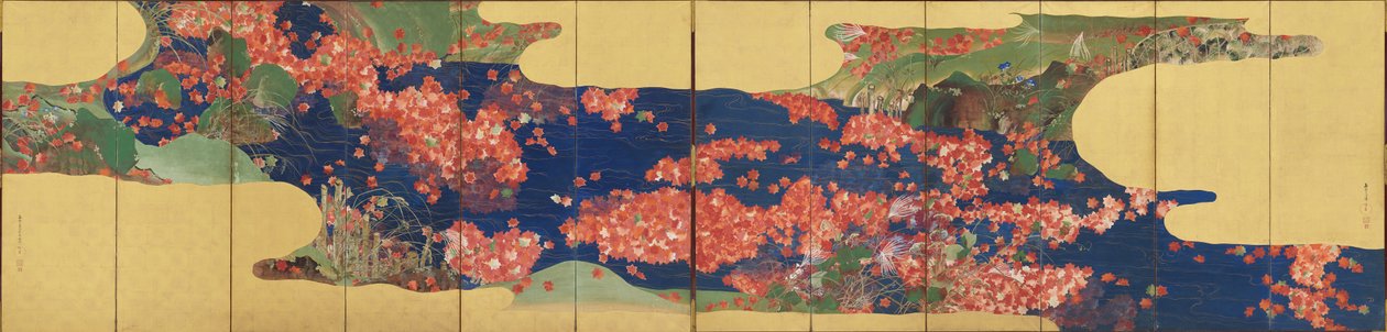 Ahornblade på en strøm, skærm med seks paneler, Edo-periode, 1856-58 (blæk og farve på forgyldt papir) af Ikeda Koson