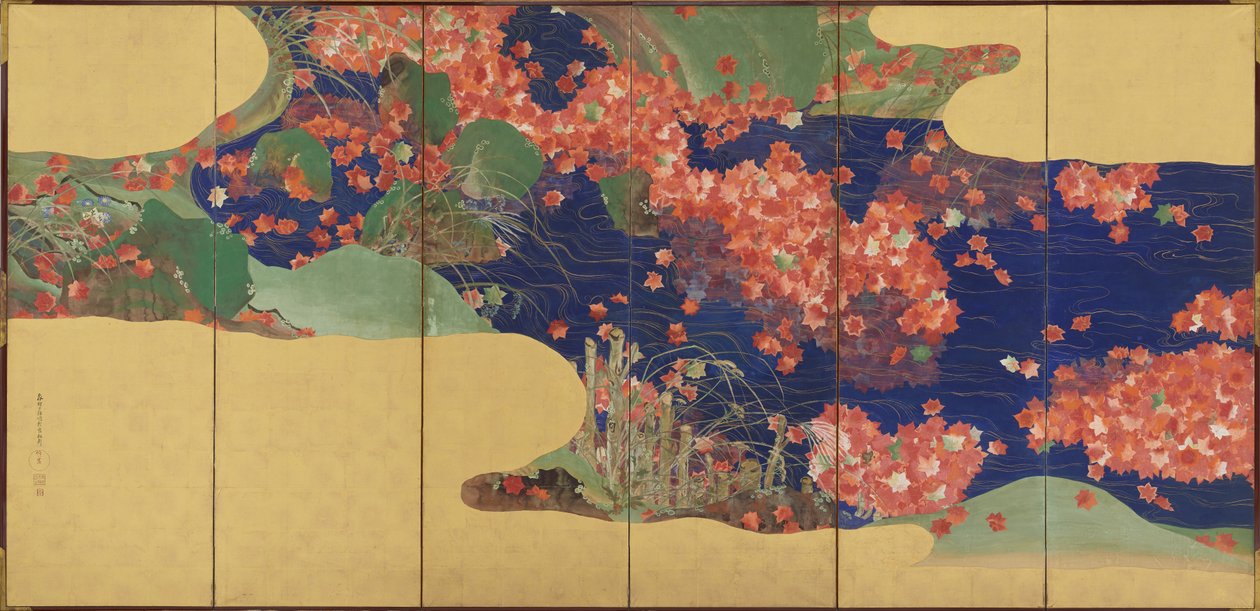 Ahornblade på et vandløb, skærm med seks paneler, Edo-periode, 1856-58 af Ikeda Koson
