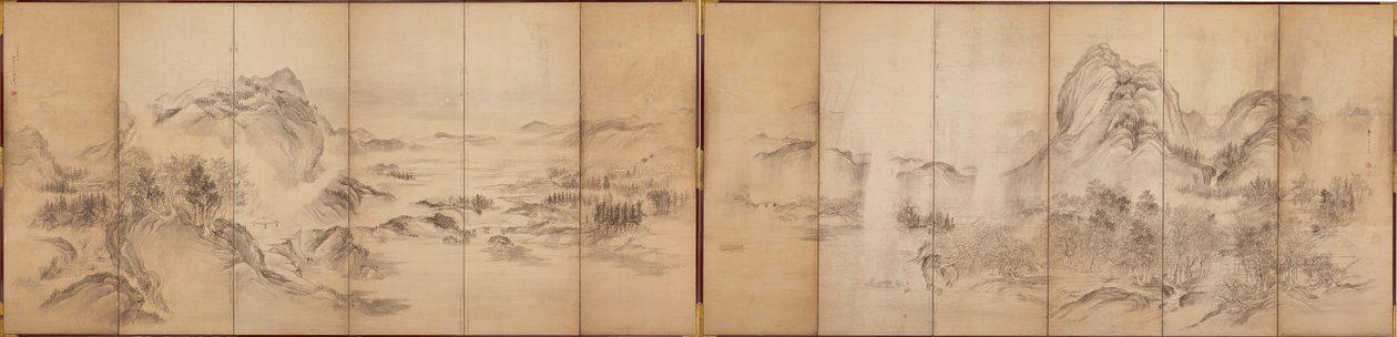 Mountain Views, bagsiden af en skærm med seks paneler, Edo Periode, 1856-58 (vask på papir) af Ikeda Koson