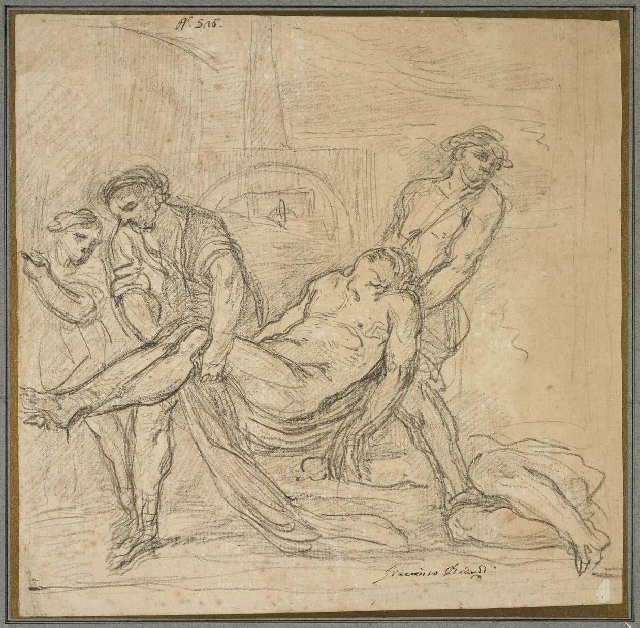 Saint Abdon og Saint Sennen begraver kristne martyrer, ca.1653-1657 (sort kridt på papir) af Il Borgognone