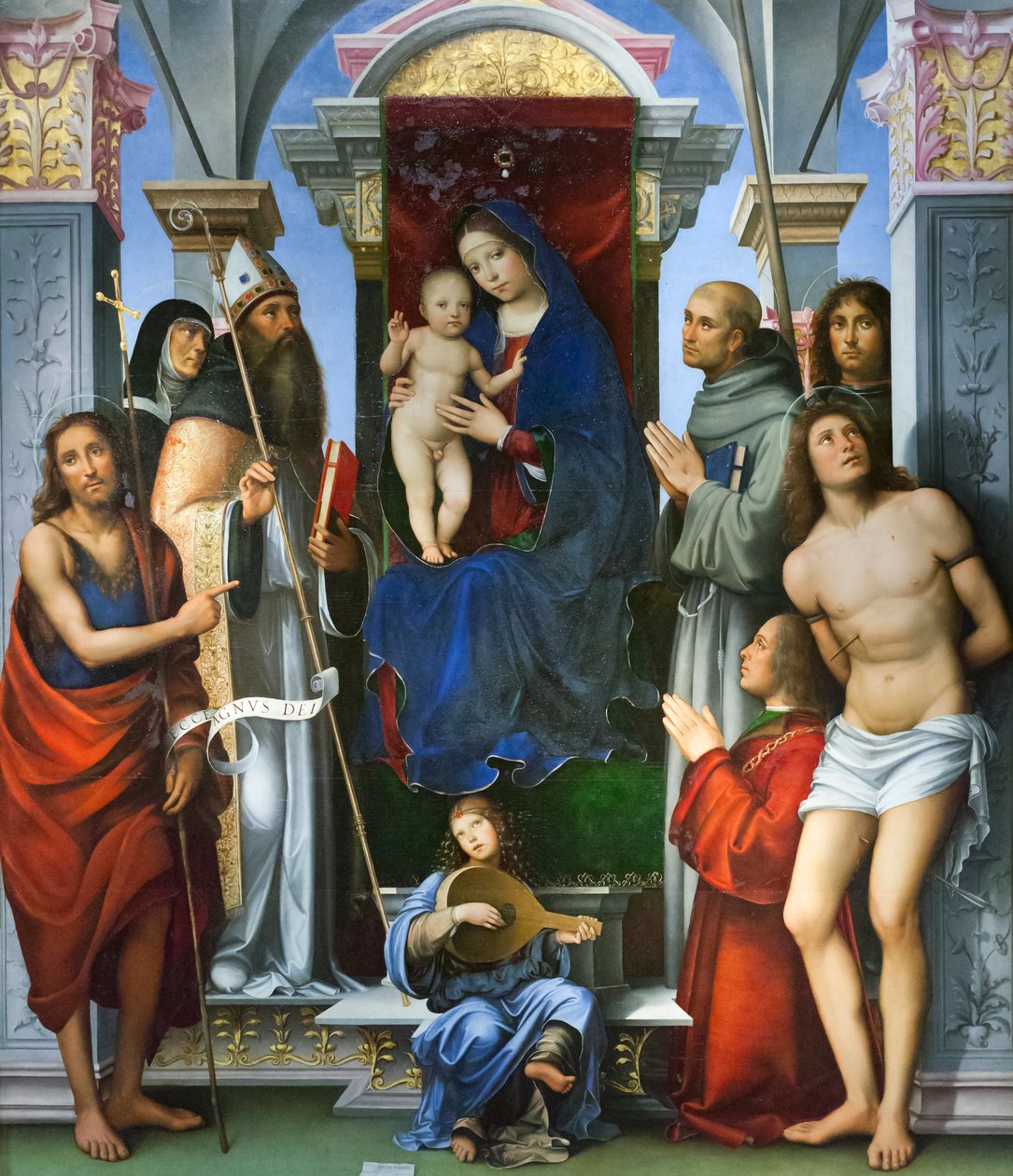 Madonna og barnet på en trone, med helgener af Il (1450-1517) Francia