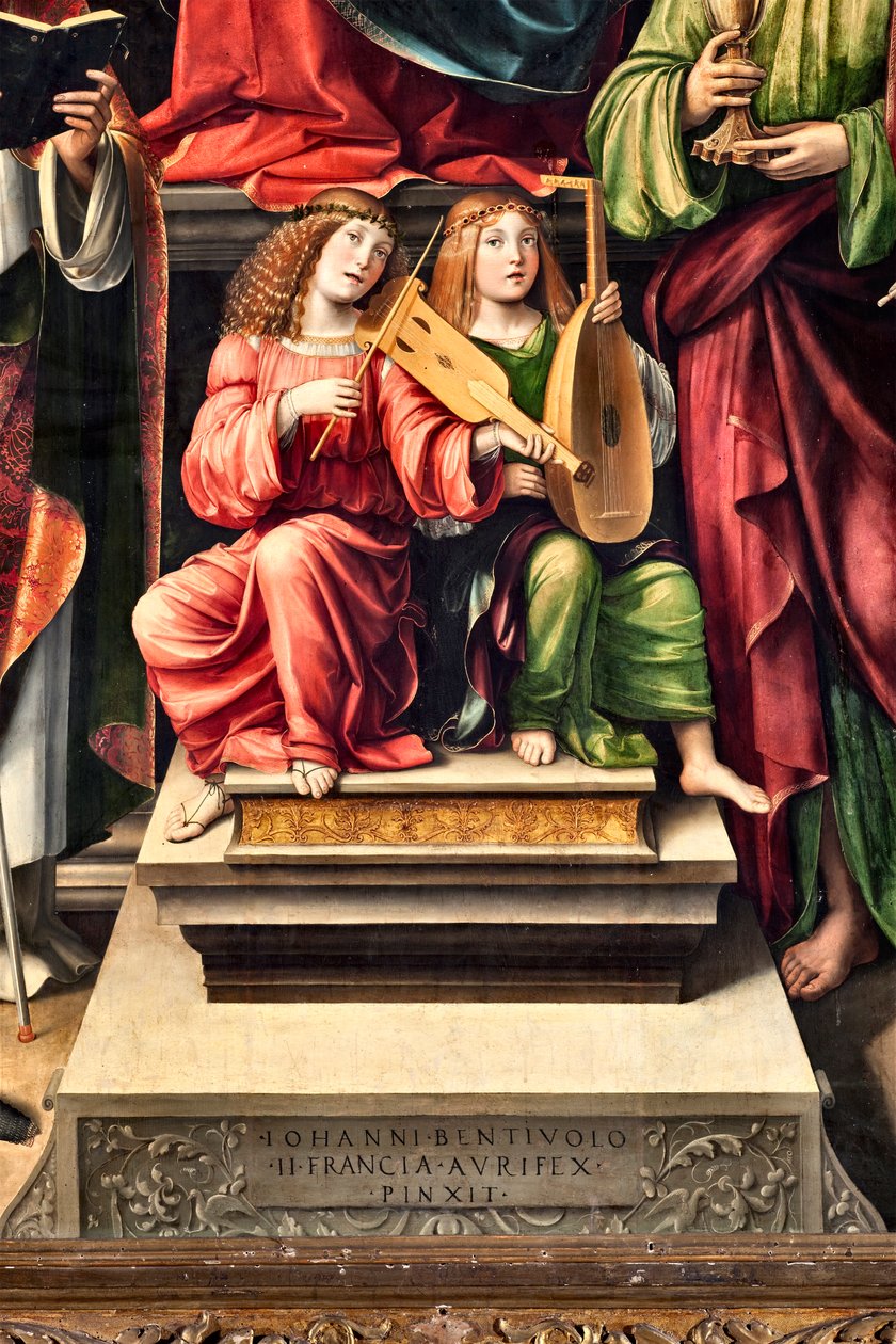 Musicians Angels, detalje af Jomfru med barn og St Proculus, St John evangelist, St Augustine, St Sebastian (maleri af Il  Francia