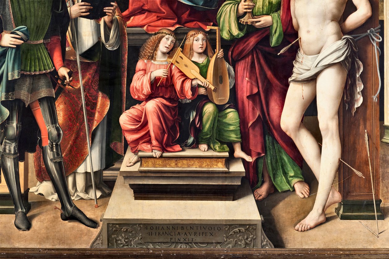 Musicians Angels, detalje af Jomfru med barn og St Proculus, St John evangelist, St Augustine, St Sebastian (maleri af Il  Francia
