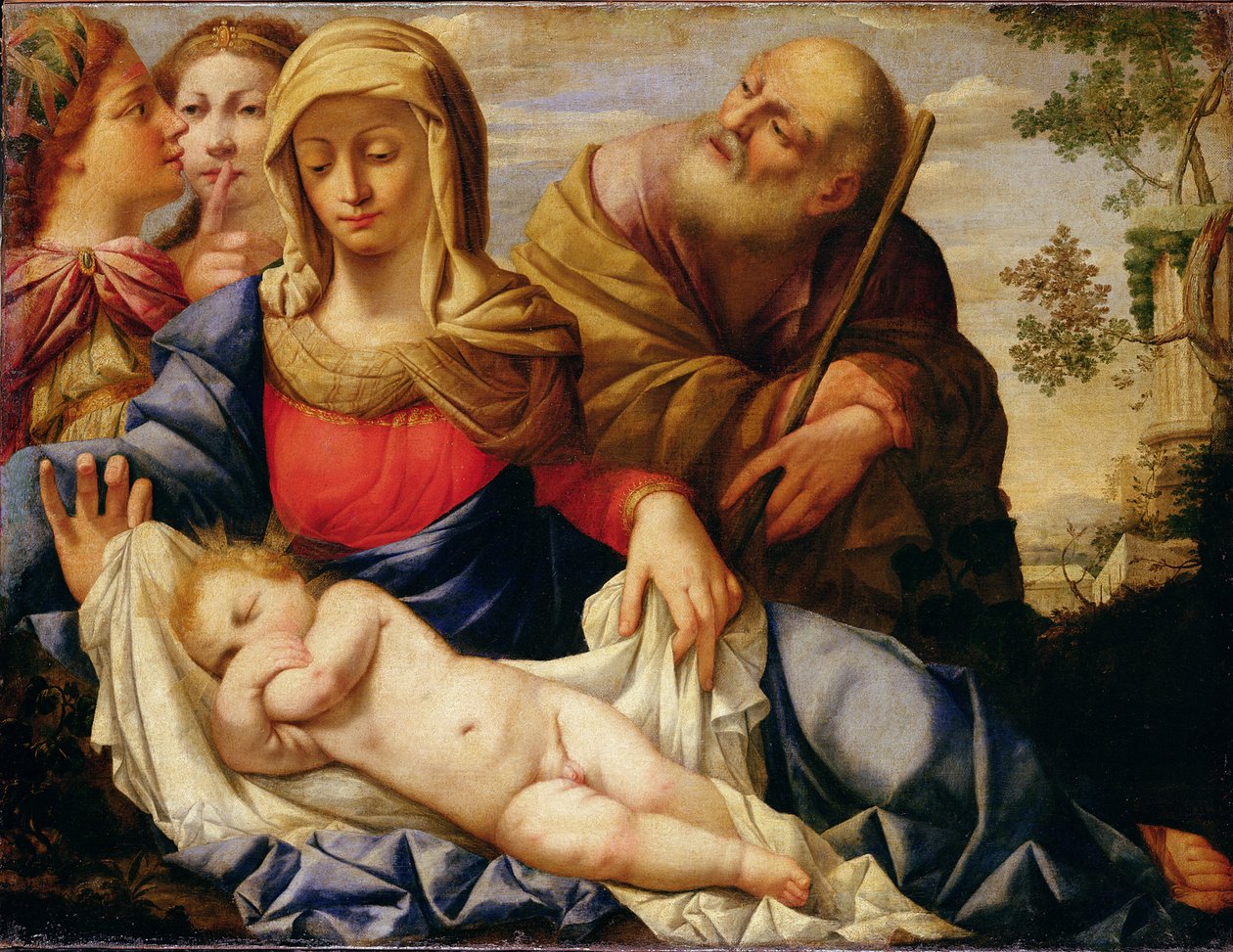 Den hellige familie med to kvindefigurer, midten af det 17. århundrede (olie på lærred) af Il (1609 85) Sassoferrato