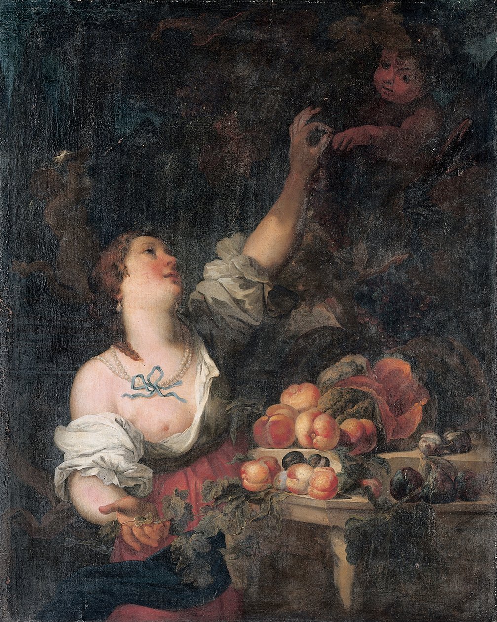 En kvinde, der plukker druer og en putto ved en klassisk piedestal prydet med frugt af Il Borgognone