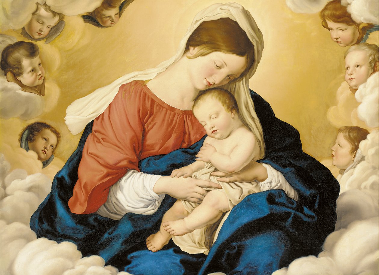 Madonnaen og barnet i herlighed med keruber af Il Sassoferrato