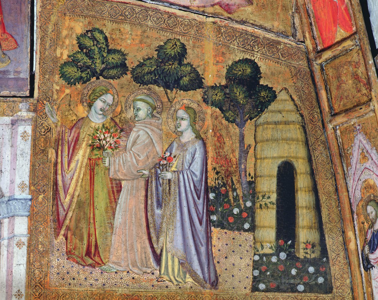 St. Francis akkompagneret af to engle, fresko fra Porziuncola, 1393 af Ilario da Viterbo