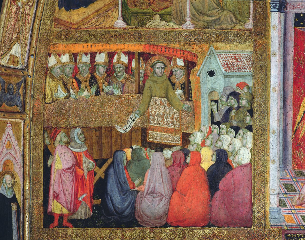 St. Francis forkynder aflad, ledsaget af biskopperne i Umbrien, fresko fra Porziuncola, 1393 af Ilario da Viterbo
