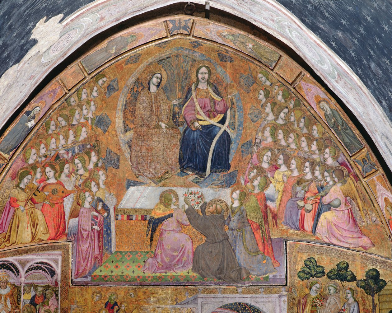 St. Frans tilbyder roser til Kristi og Jomfruens åbenbaring, fresko fra Porziuncola, 1393 af Ilario da Viterbo