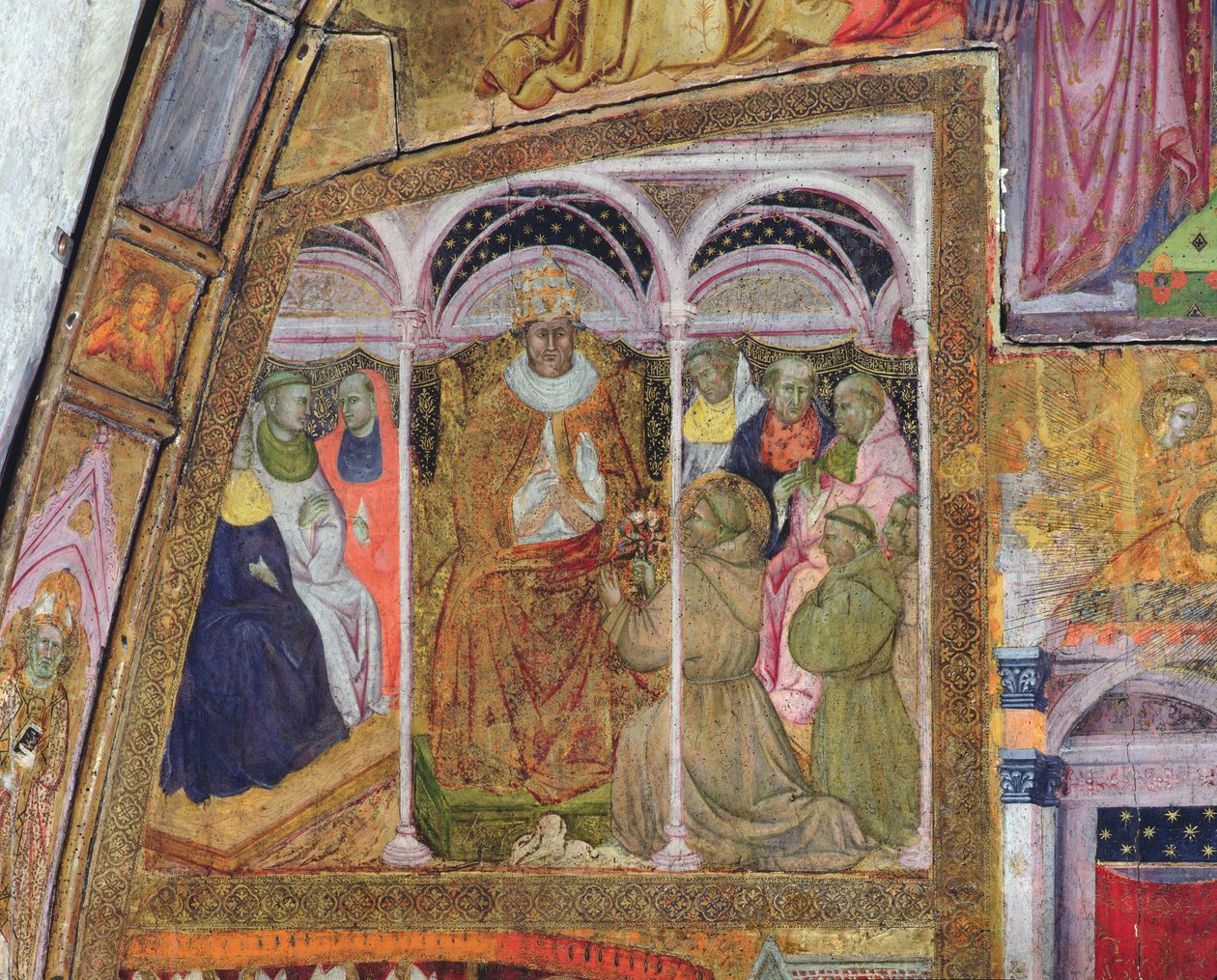 Den hellige Frans bønfaldende pave Honorius III om bekræftelse af aflad, fresko fra Porziuncola, 1393 af Ilario da Viterbo