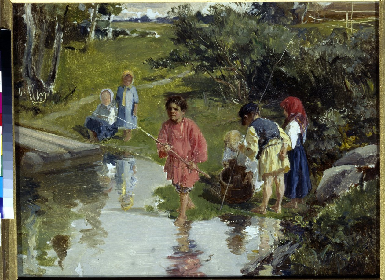 Children Fishing af Pryanishnikov, Illarion Mikhailovich (1840-1894) af Illarion Mikhailovich Pryanishnikov