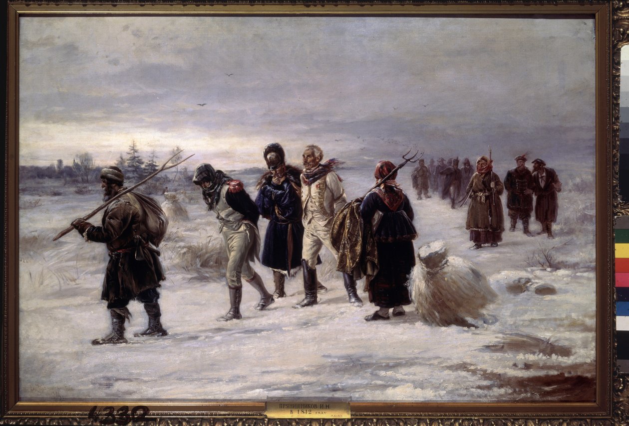 I 1812. (Fanger fanget fra Napoleons Grande Armee går i sneen, udmattede, eskorteret af russiske bønder). Maleri af Illarion Mikhailovich Pryanishnikov (1840-1894), olie på lærred af Illarion Mikhailovich Pryanishnikov
