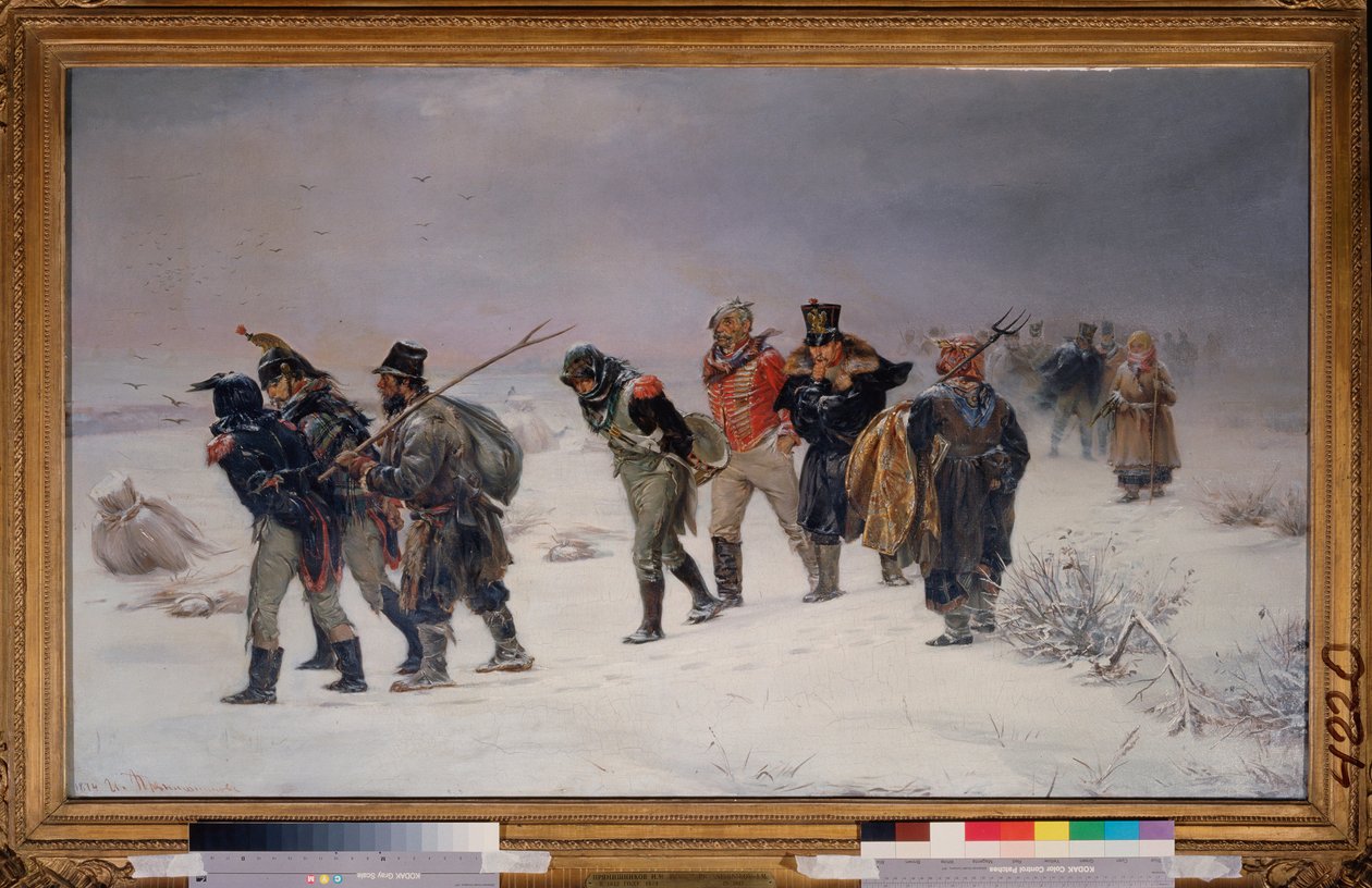 I 1812. (Fanger taget til fange fra Napoleons store hær går i sneen, udmattede, eskorteret af russiske bønder). Maleri af Illarion Mikhailovich Pryanishnikov (1840-1894), olie på lærred af Illarion Mikhailovich Pryanishnikov