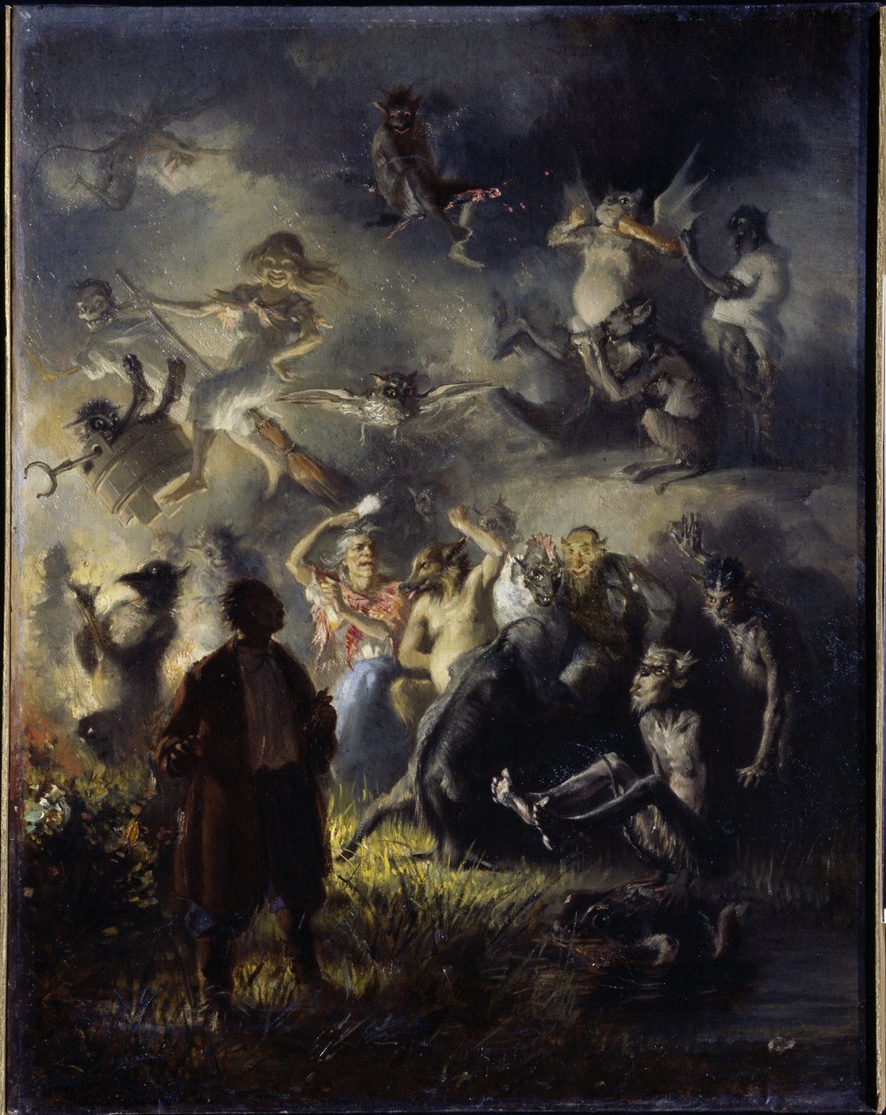 Nat på Bald Mountain. Fejring af sommersolhverv, den slaviske fest for Ivan Kupala (svarende til Johannesfesten), der blander de traditionelle skikkelser af hedenskab med den kristne ortodokse tradition. Maling af af Illarion Mikhailovich Pryanishnikov