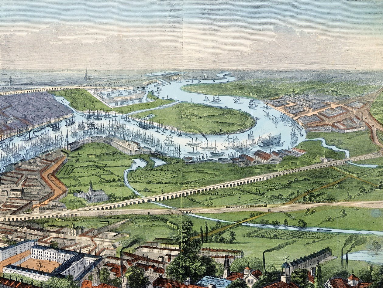 Print; farvet gravering- Panorama over London og Themsen af Illustrated London News