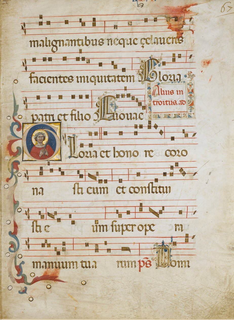 Manuskriptblad med en kvindelig helgen muligvis Dorothy i et indledende G..., ca. 1330-40. af Illustratore
