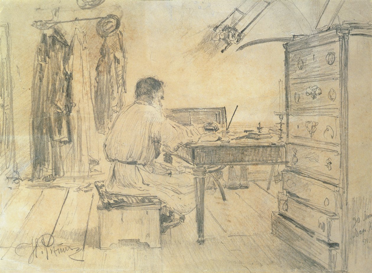 Leo Tolstoj (1818-1910) i sit studie, 1891 af Ilya Efimovich Repin