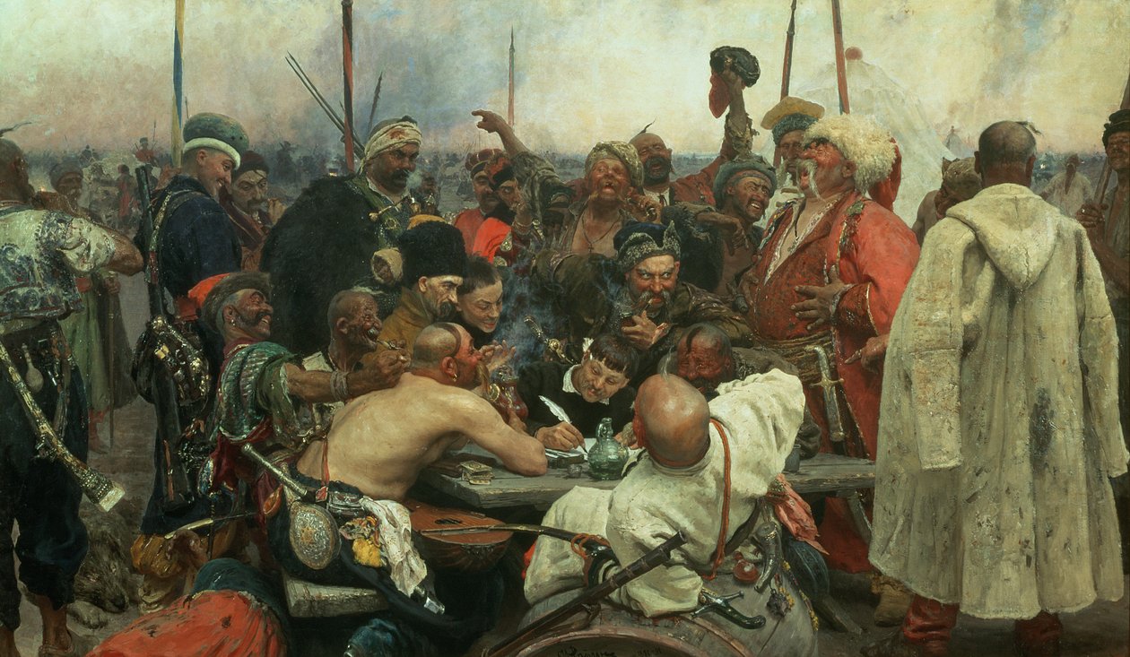 Zaporozhye-kosakkerne skriver et brev til den tyrkiske sultan, 1890-91 af Ilya Efimovich Repin