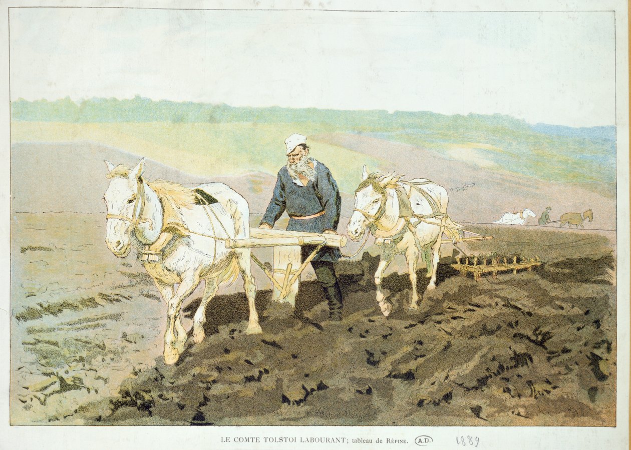 Forfatteren Lev Nikolaevich Tolstoj (1828-1910) pløjer med heste, 1889 af Ilya Efimovich Repin