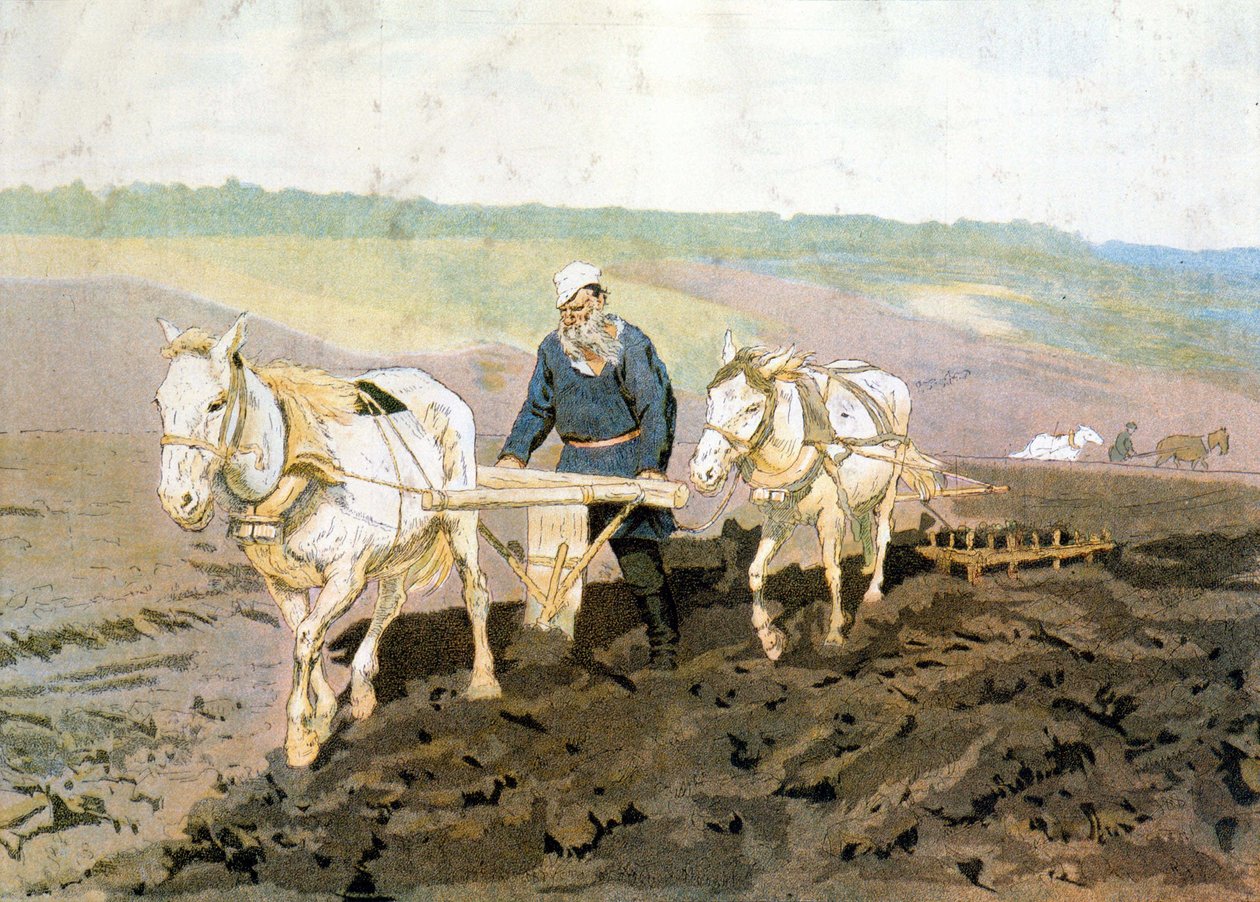 Grev Tolstoj pløjer - ifølge Repines maleri af Ilya Efimovich (after) Repin