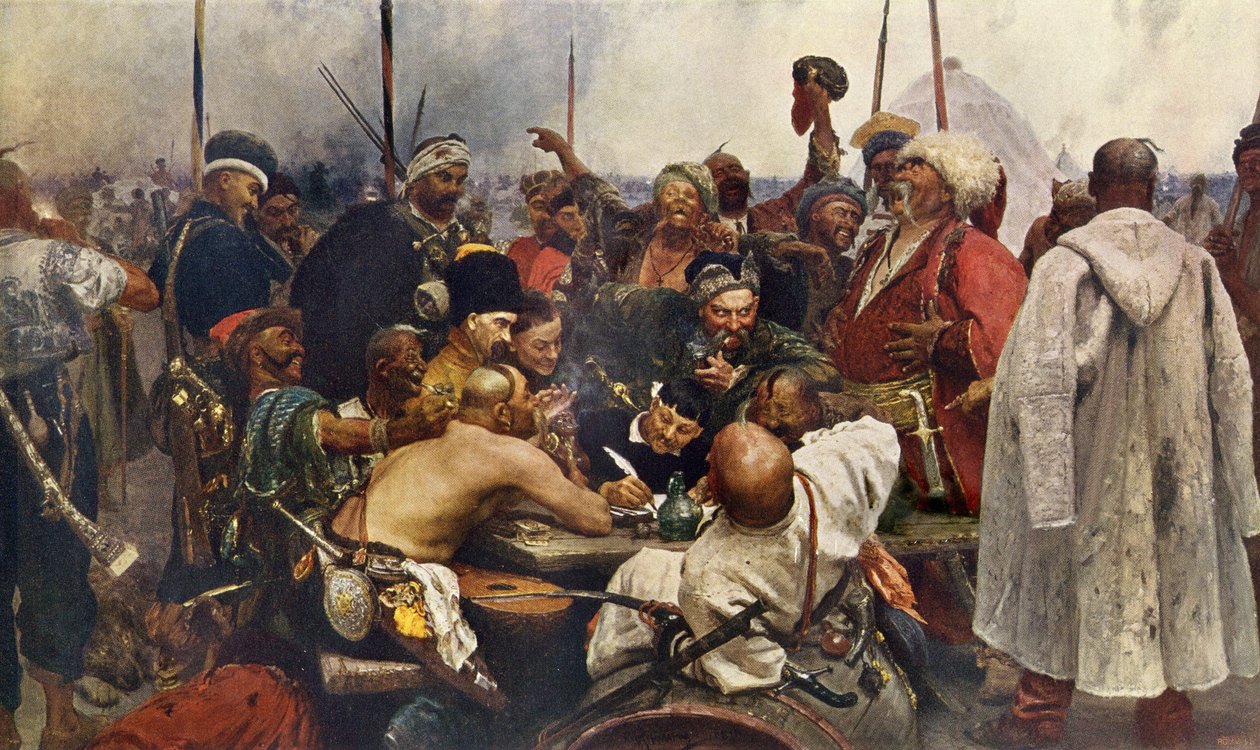 Zaporogues kosakkers svar til sultan Mehmet IV (Muhammad, Mehmet, Mehmed, Mahmoud) (1642-1693) fra Tyrkiet Indgravering af det 19. århundrede efter et maleri af Ilya Repine. Russiske kosakker sender en hadbesked til den tyrkiske hær Constan af Ilya Efimovich (after) Repin
