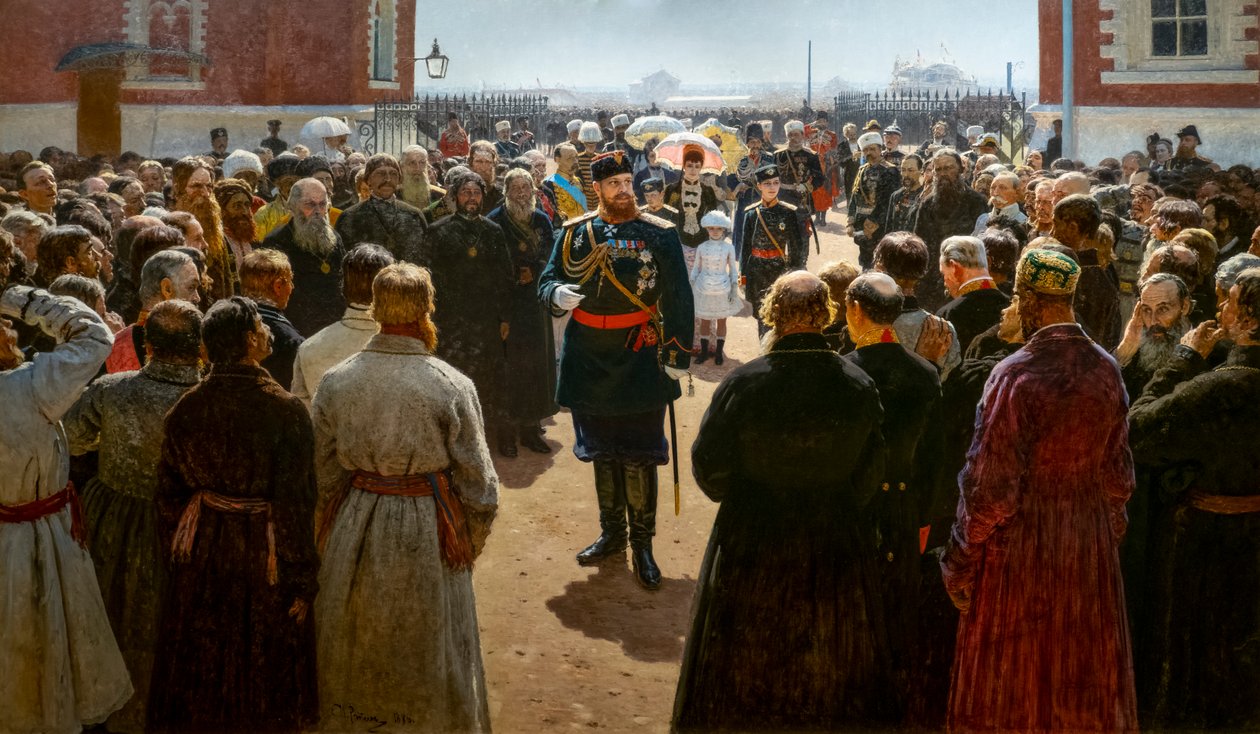 ALEXANDER III MODTAGER KANTONSDEKANENE I PALADS GÅRD af Ilya Efimovich Repin