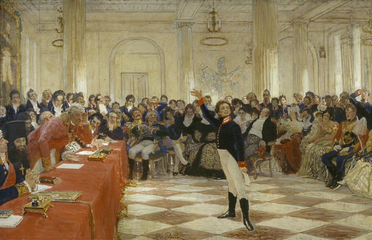 ""Alexander Pushkin ved en eksamen i Lyceum of Tsarskoye Selo den 8. januar af Ilya Efimovich Repin