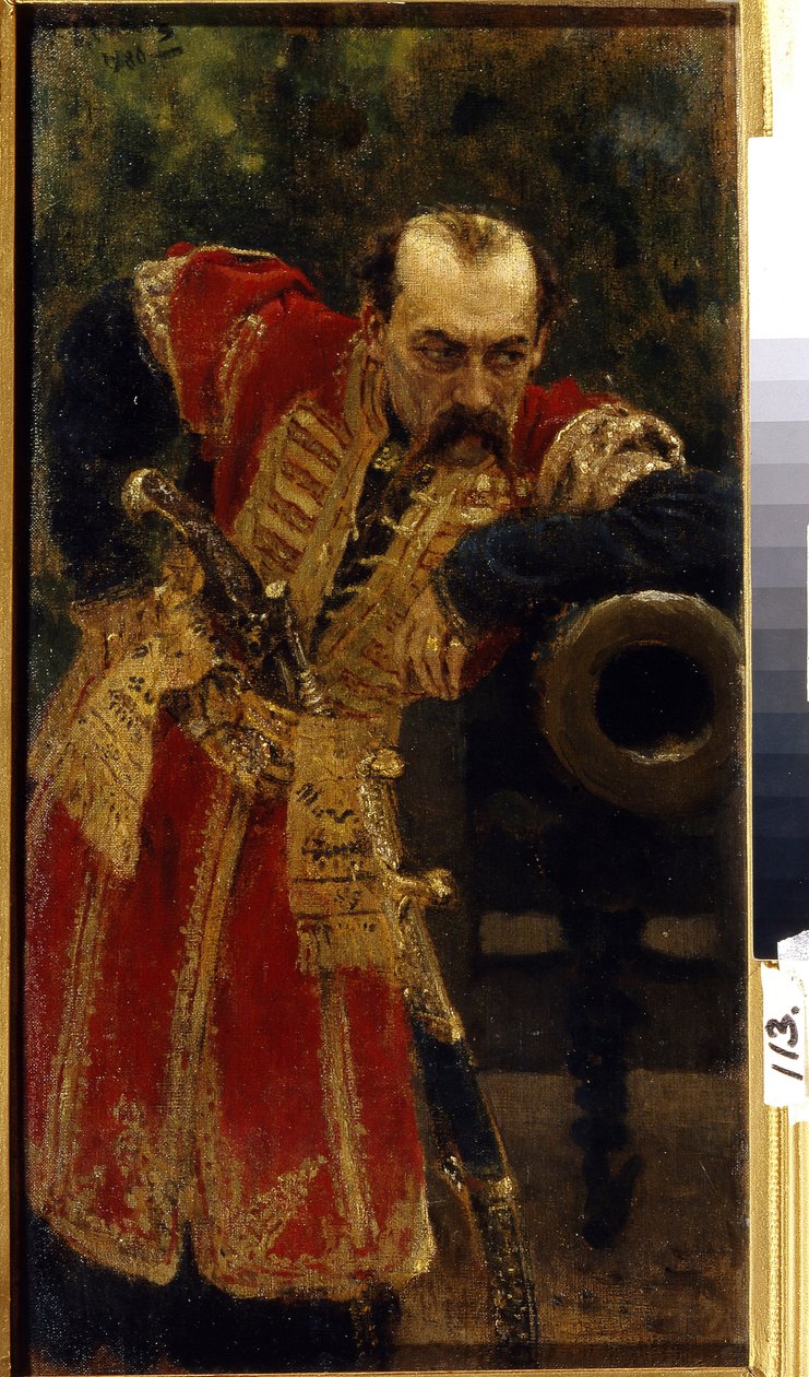Zaporozhiansk kosakoberst. (Oberst af Zaporizhian Host). I uniform glider en lang riffel ind i hans bælte, han læner sig op ad mundingen af ​​en løb, med et blik af observation og trods. Maleri af Ilya Yefimovich Repin (Ilia Repin) (1844-1930), af Ilya Efimovich Repin