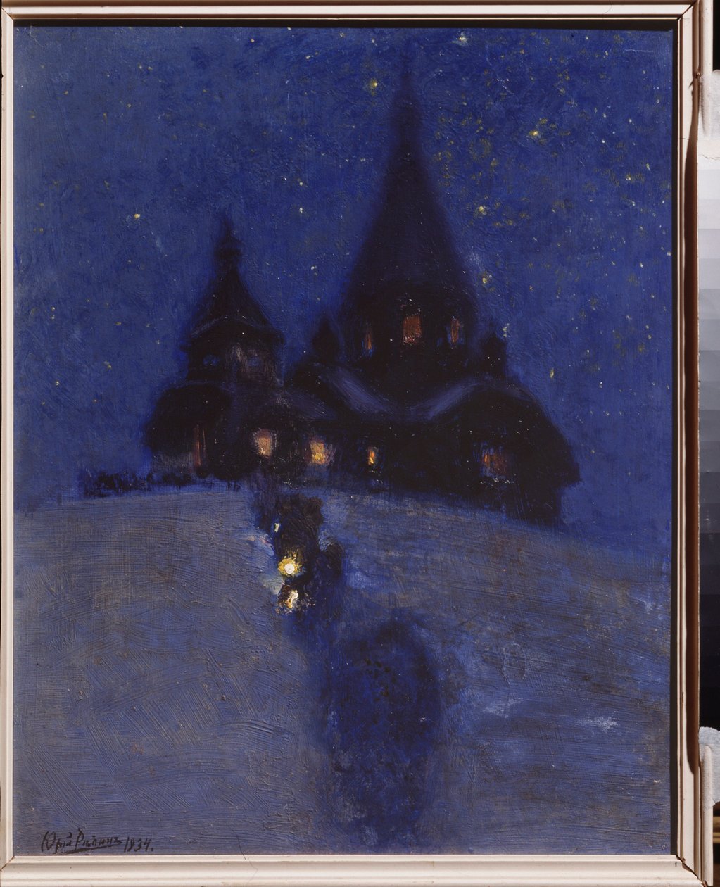 Kirke i Kuokkala (eller Repino, Rusland) juleaften. Maleri af Yuri Ilyich Repin (Youri Repin) (1877-1954), olie på træ, omkring 1910. Russisk kunst, 20. århundrede. I. Repin Memorial Museum Penates, Sankt Petersborg. af Ilya Efimovich Repin