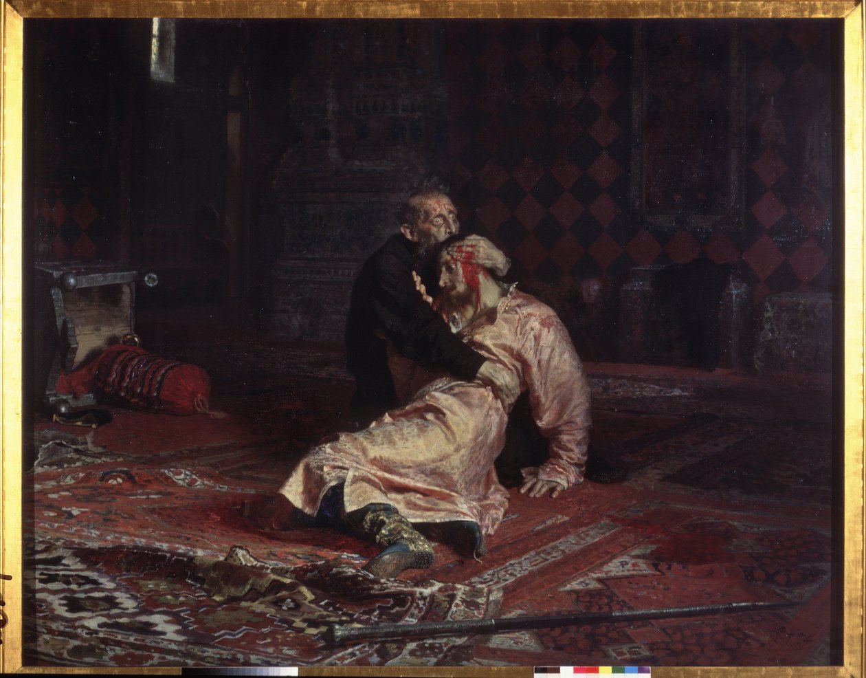 Ivan IV den Forfærdelige (1530-1584) omfavner sin søn Ivan Ivanovich (1554-1581), som han netop har såret dødeligt under et skænderi, fredag ​​den 16. november 1581. Maleri af Ilya Yefimovich Repin (Ilia Repin) (19344) , olie på lærred af Ilya Efimovich Repin