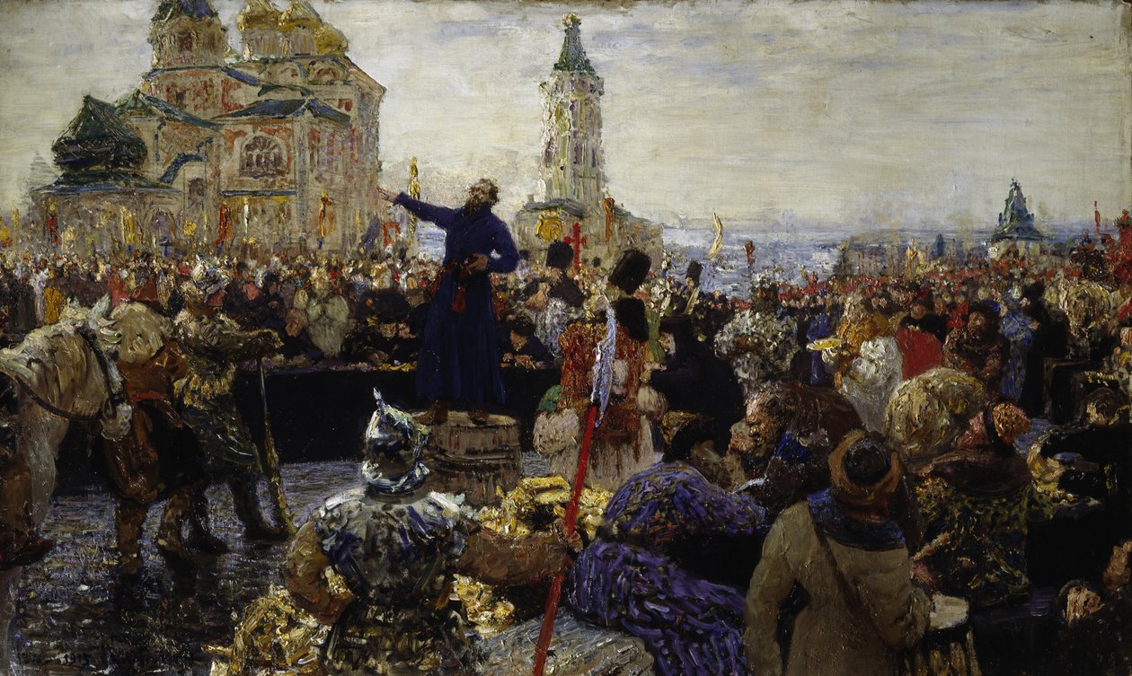 Kouzma (Kuzma) Minin (død 1616) kalder befolkningen i Nizhny Novgorod i 1611 (Han rejste folket i Moskva mod polakkerne) (Minin appellerer til befolkningen i Nizhny Novgorod i 1611) - Maleri af Ilya Yefimovich Repin (18404-19304) ), olie på lærred af Ilya Efimovich Repin