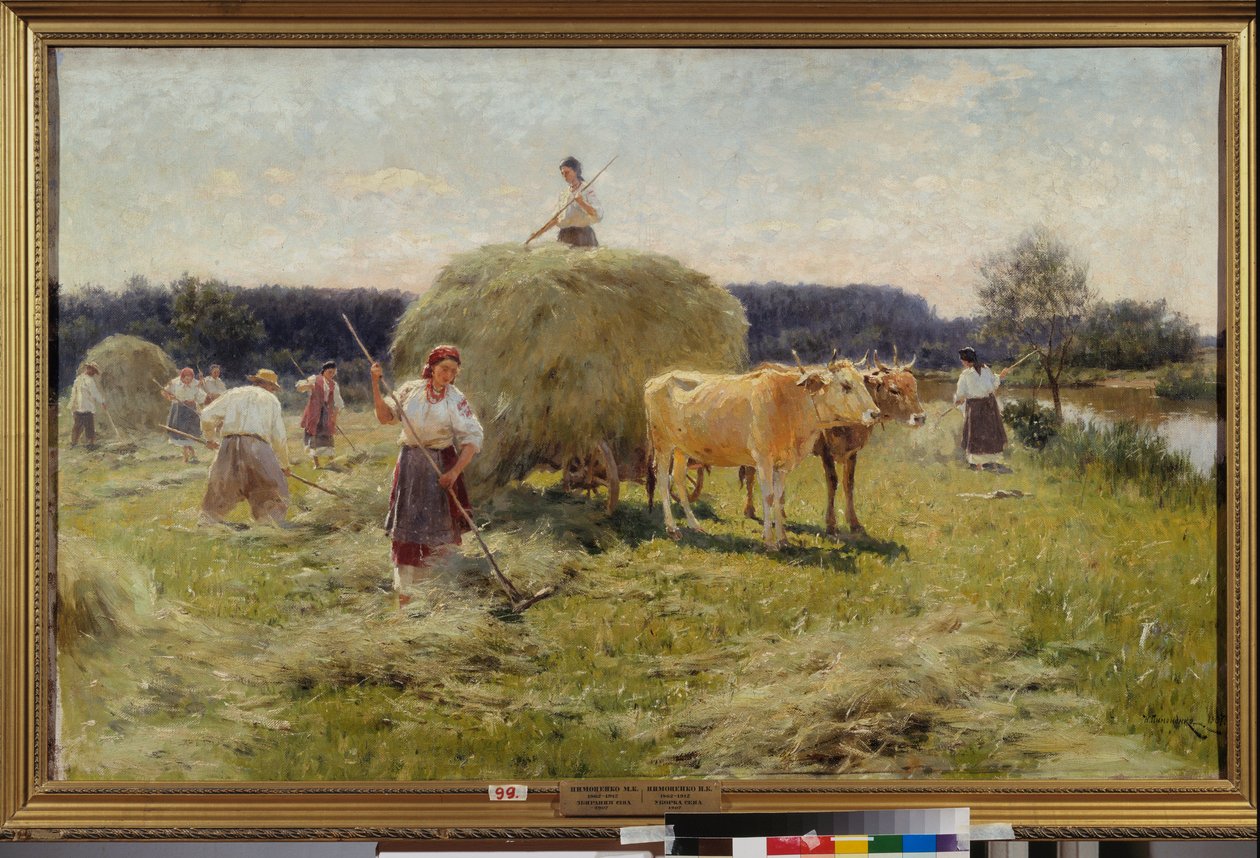 Høfremstilling (landbrugsscene om sommeren, bønder samler hø i et oksehold) - Høfremstilling - Maleri af Nikolai Kornilovich Pimonenko (1862-1912), olie på lærred af Ilya Efimovich Repin