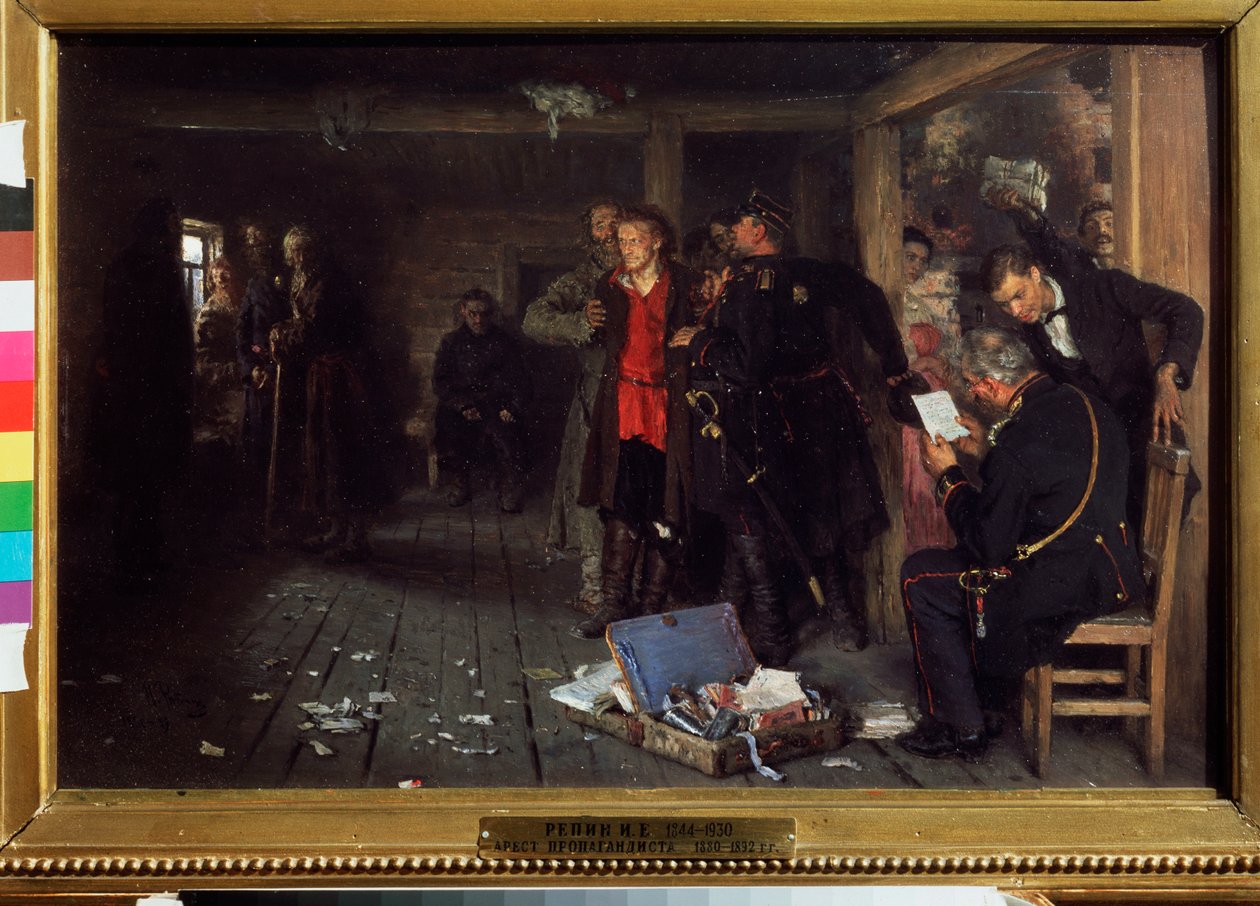 Anholdelsen af ​​propagandisten. Maleri af Ilya Repin (Ilia Repin) (1844-1930), olie på træ af Ilya Efimovich Repin