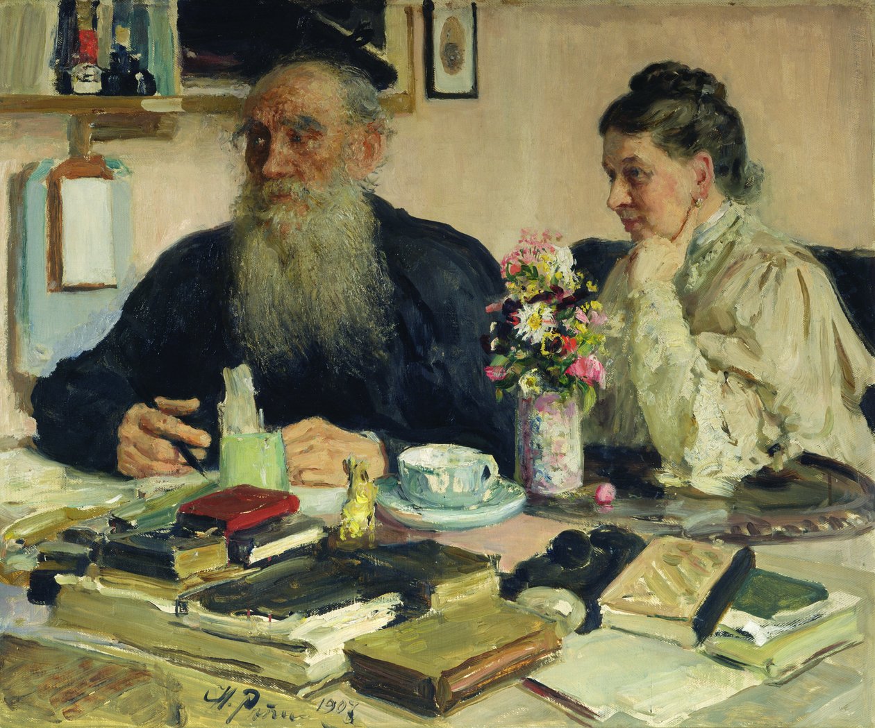 Leo Tolstoy med sin kone i Yasnaya Polyana, 1907 af Ilya Efimovich Repin