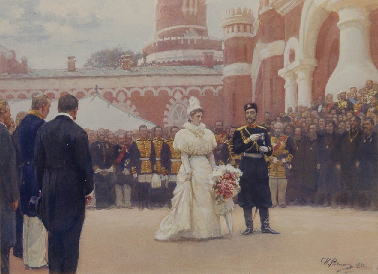 Nicholas II modtog ældste i landdistrikterne den 18. maj 1896 i gården til Petrovsky Palace i Moskva, 1897 af Ilya Efimovich Repin
