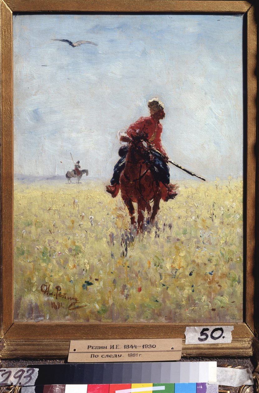 Anerkendelseskursus. (Zaporogue Cossack rytter under observation i en blomstrende slette). Maleri af Ilya Yefimovich Repin (Ilia Repin) (1844-1930), olie på lærred af Ilya Efimovich Repin