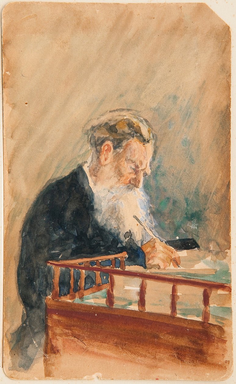 Portræt af forfatteren Leo N Tolstoy (Portræt af forfatteren Leo N Tolstoy) - Værk af Ilya Yefimovich Repin (Ilia Repin) (1844-1930), akvarel på papir (16x10 cm), ca. 1900, russisk kunst , 20. århundrede - Privat kollektion af Ilya Efimovich Repin
