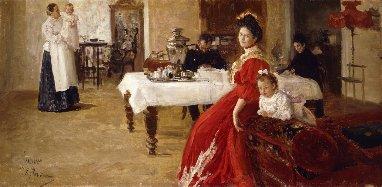 Kunstnerens datter, Tat"iana og hendes familie i et interiør, af Ilya Efimovich Repin