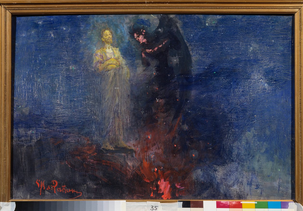 Gå væk, Satan! (Få dig herfra, Satan!). (Jesus Kristus frastøder djævelen, i et natligt landskab). Maleri af Ilya Repin (Ilia Repin) (1844-1930), olie på lærred, efter 1850. Russisk kunst af Ilya Efimovich Repin