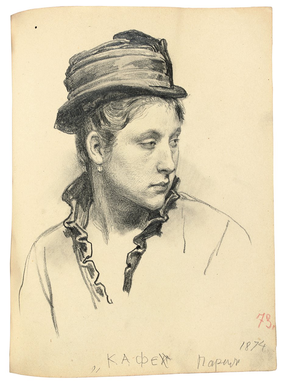 Kvinde med hat, hovedet vendt til siden, 1874 af Ilya Efimovich Repin